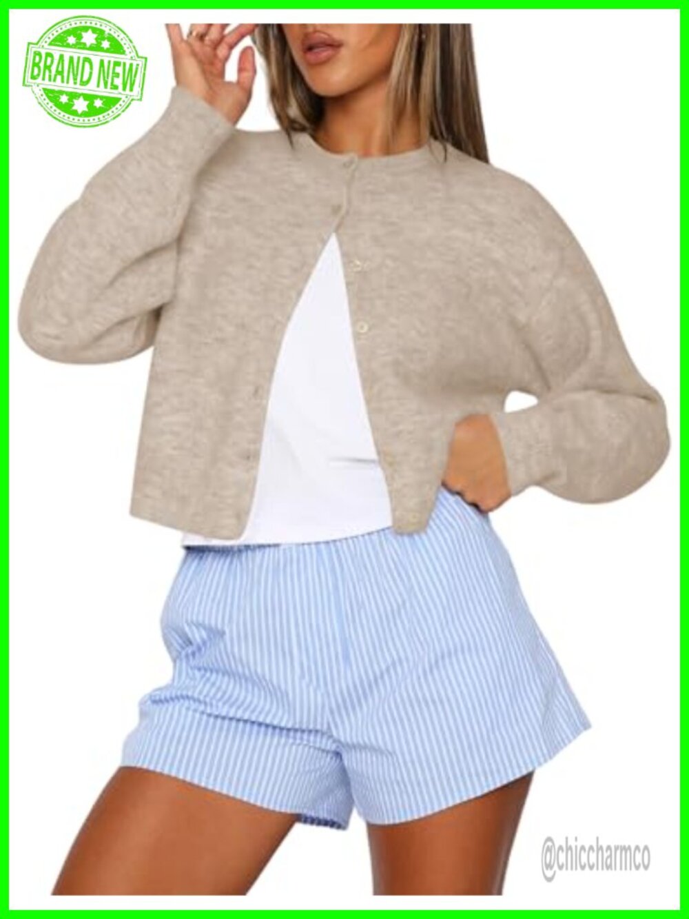 Cropped Cardigan Sweater Women Button Up Crew Neck Long Sleeve Knit